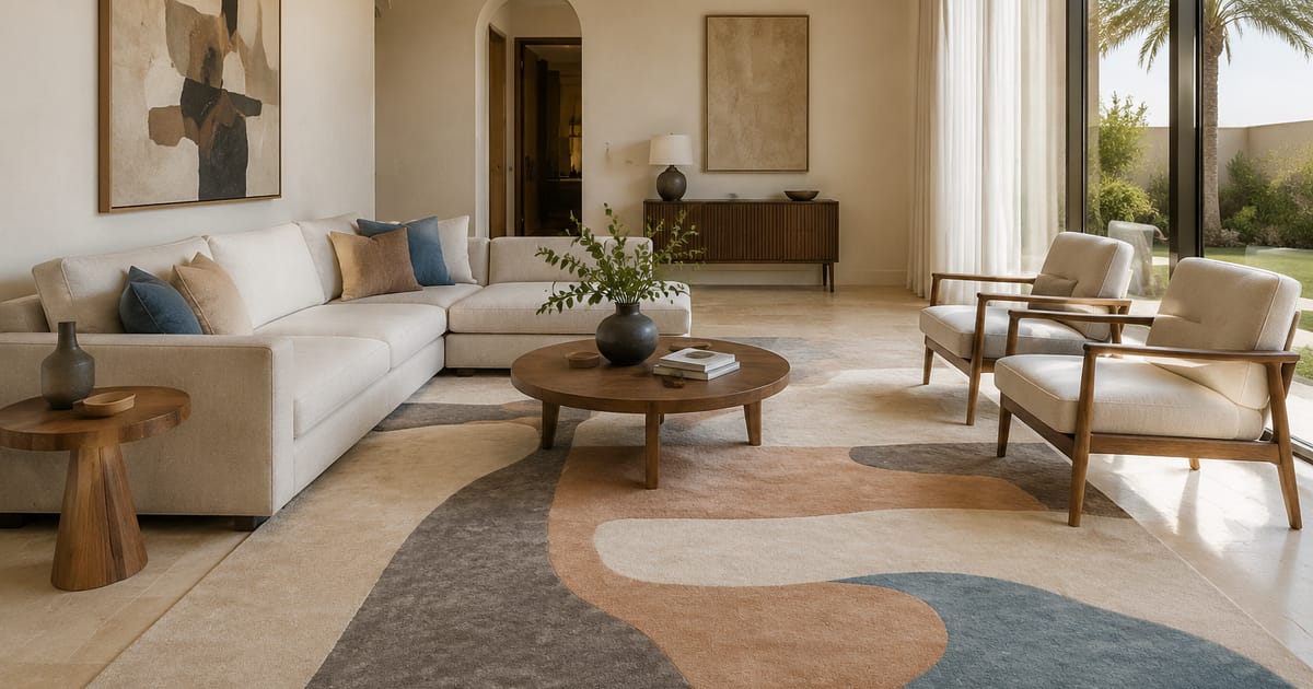 A modern living room with a handmade rug in soft terracotta, blue and grey tones, palm trees visible through the window