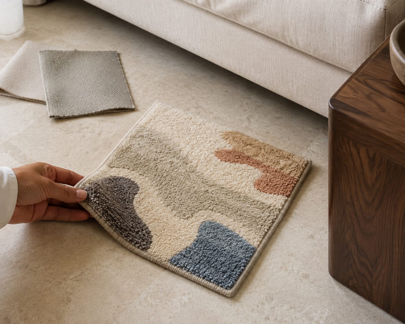A hand lifting the corner of a small woven rug sample on a stone floor, next to a sofa and fabric swatches
